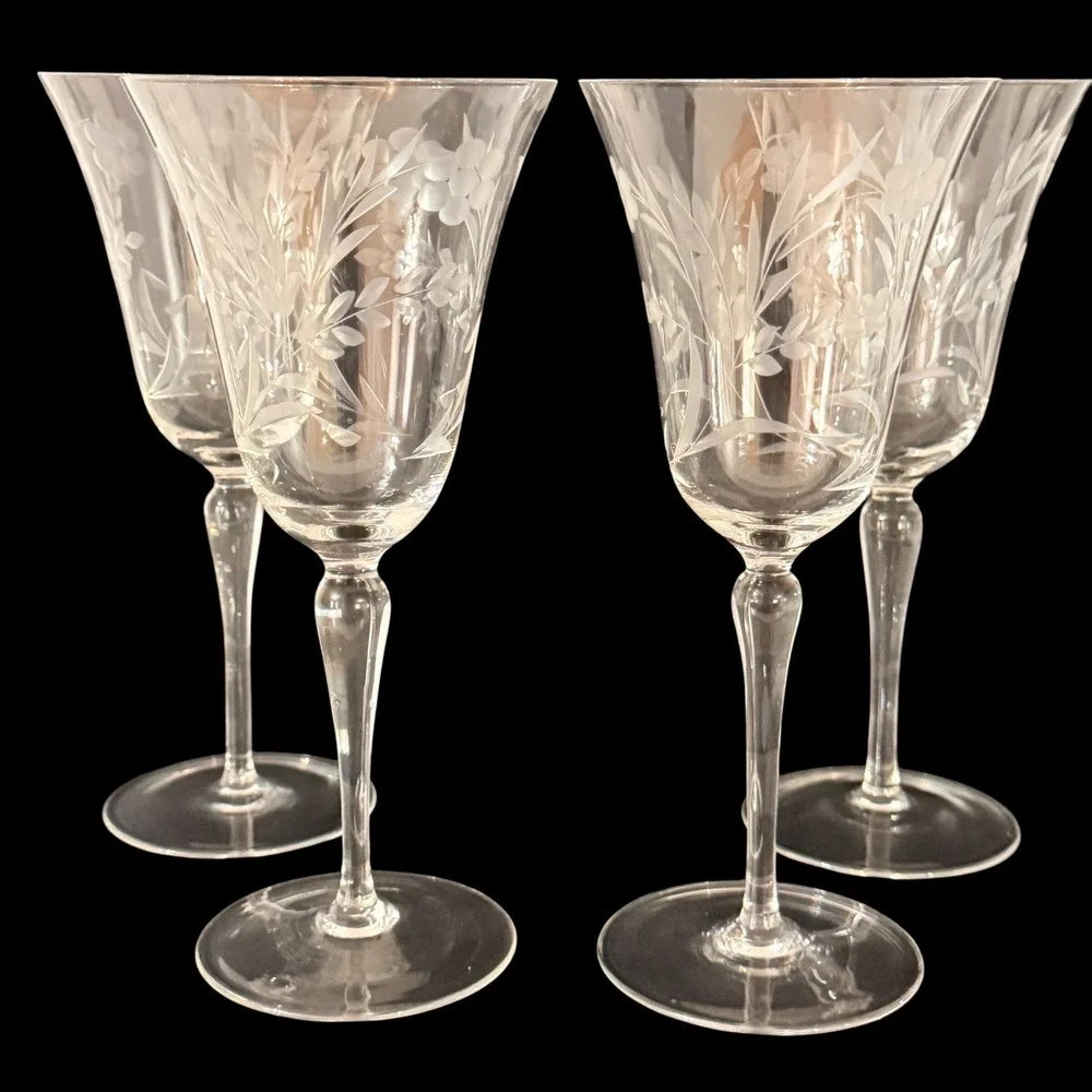 Vintage Floral Etched Crystal Wine Glasses Set of 4 Gray Cut Stemware 8.25in